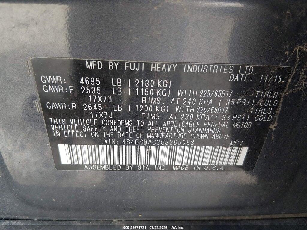4S4BSBAC3G3265068 2016 SUBARU OUTBACK photo no. 9