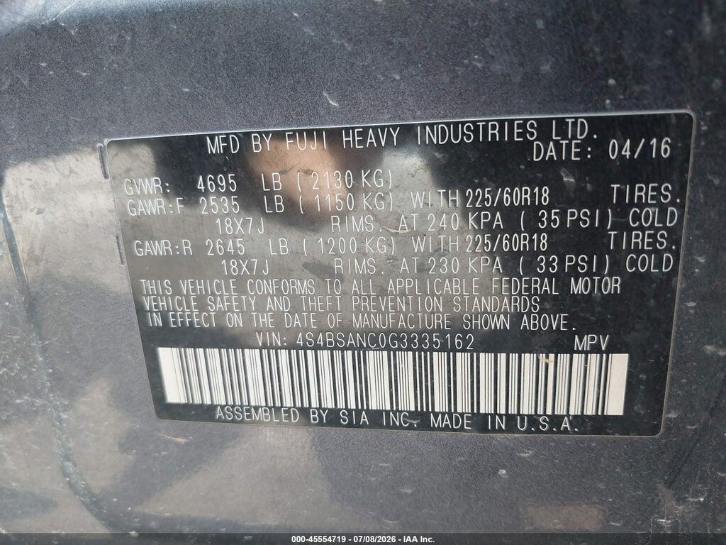 4S4BSANC0G3335162 2016 SUBARU OUTBACK photo no. 9
