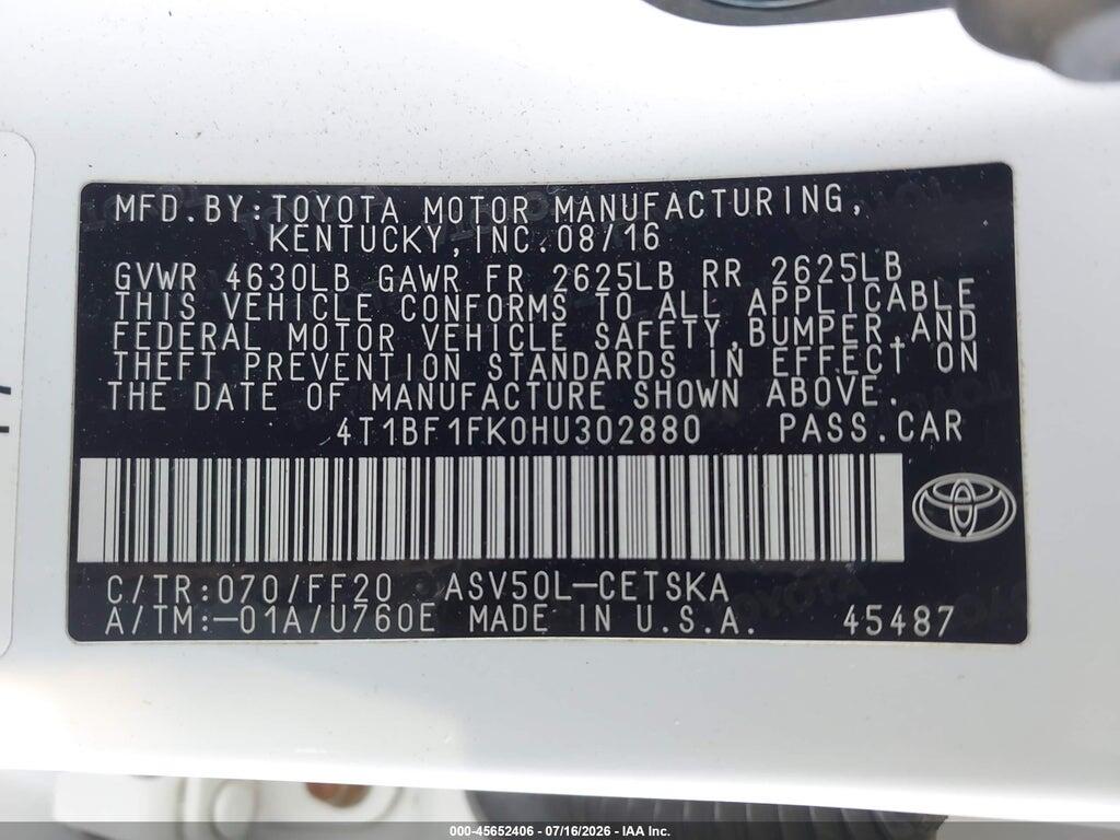 4T1BF1FK0HU302880 2017 TOYOTA CAMRY photo no. 9