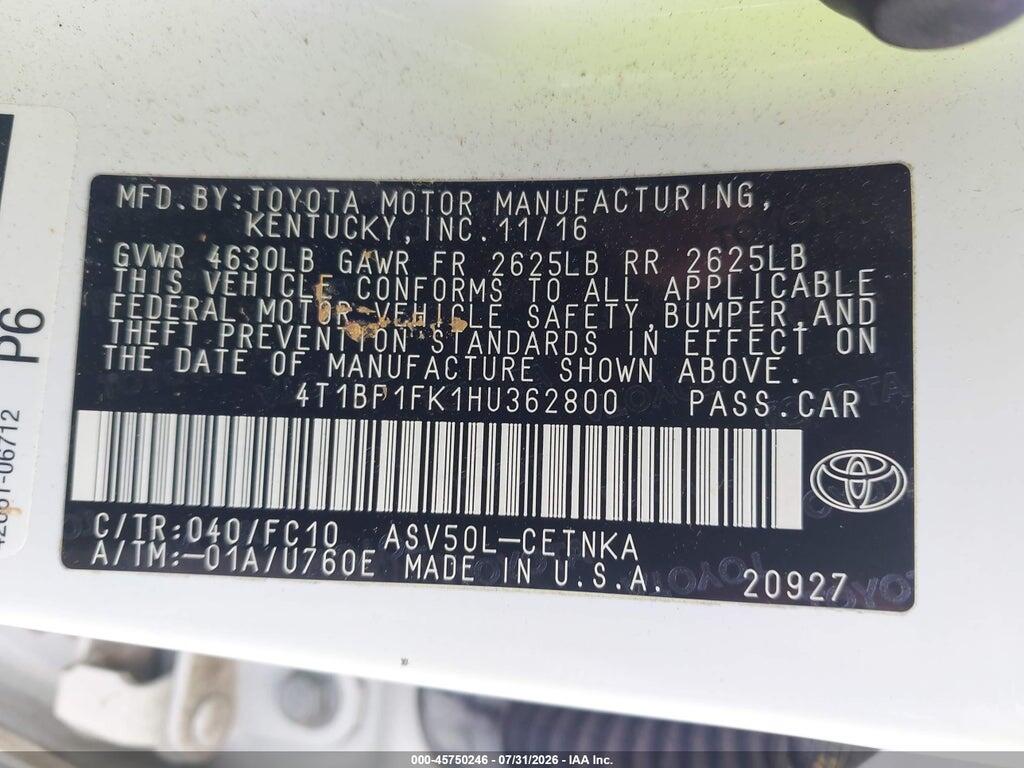 4T1BF1FK1HU362800 2017 TOYOTA CAMRY photo no. 9
