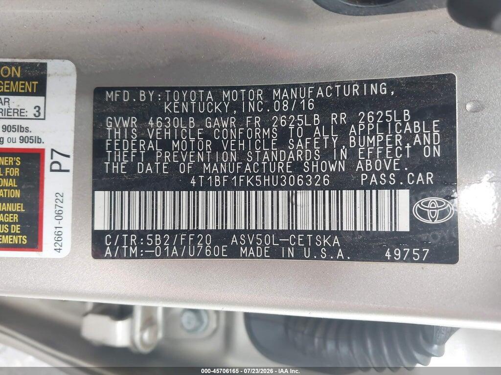4T1BF1FK5HU306326 2017 TOYOTA CAMRY photo no. 9