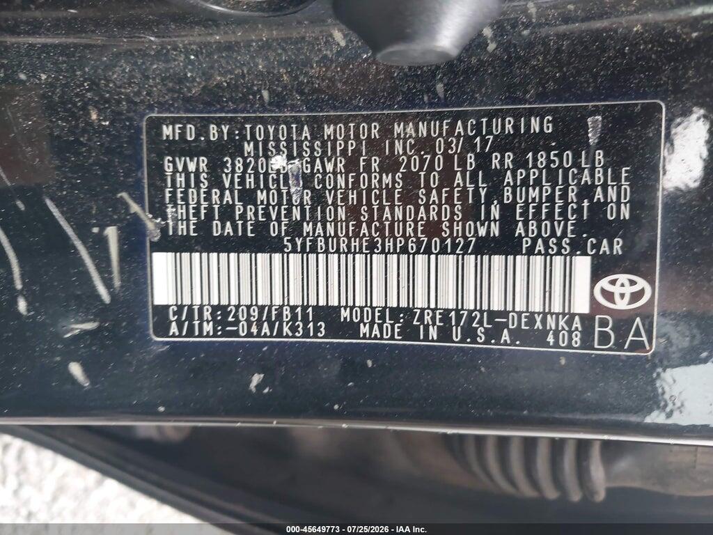 5YFBURHE3HP670127 2017 TOYOTA COROLLA photo no. 9
