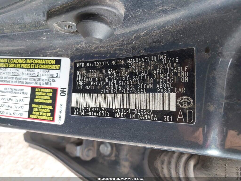 2T1BURHEXHC769950 2017 TOYOTA COROLLA photo no. 9