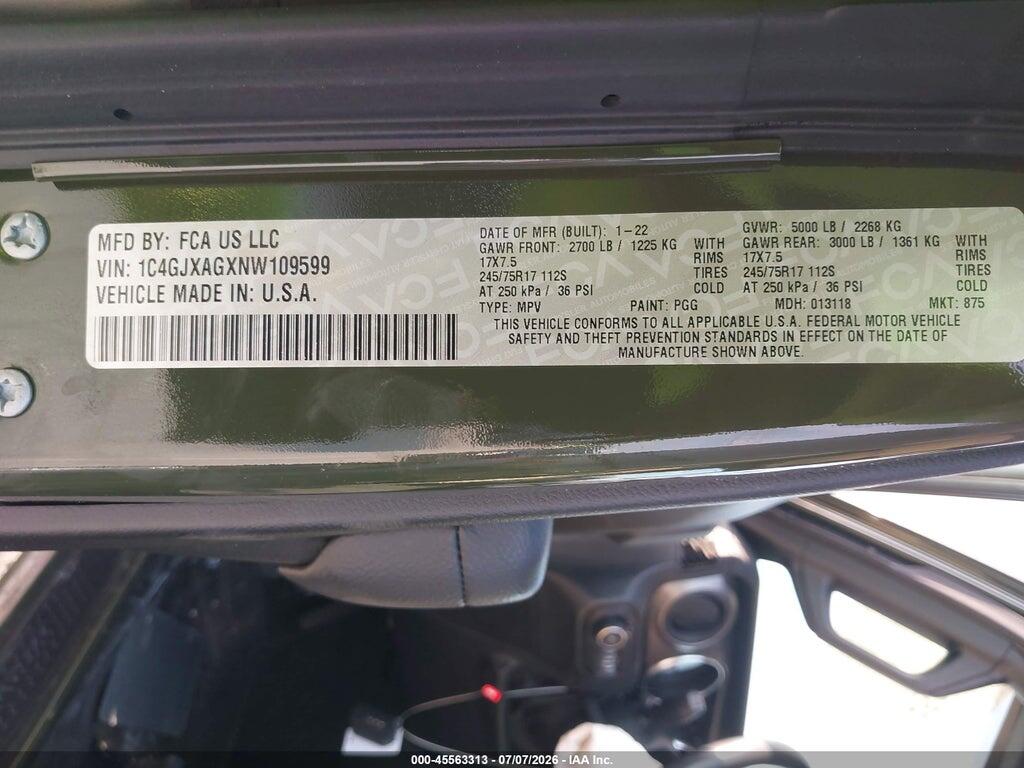 1C4GJXAGXNW109599 2022 JEEP WRANGLER photo no. 9