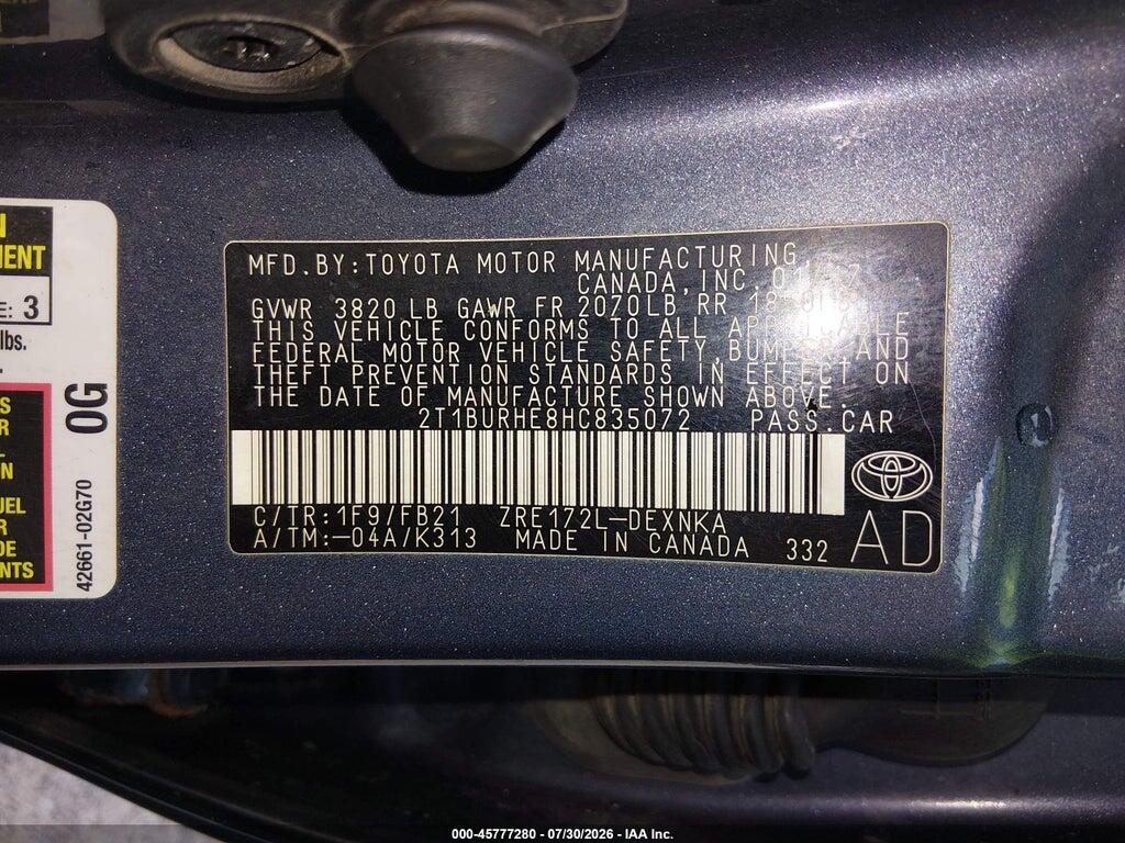 2T1BURHE8HC835072 2017 TOYOTA COROLLA photo no. 9