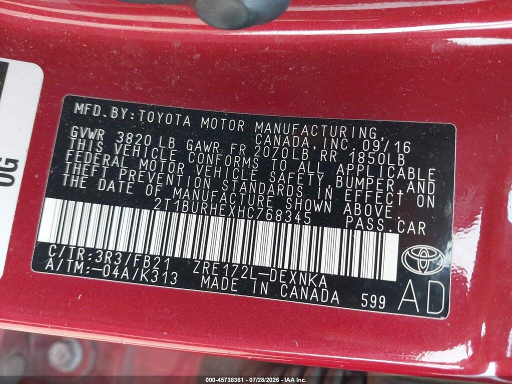2T1BURHEXHC768345 2017 TOYOTA COROLLA photo no. 9