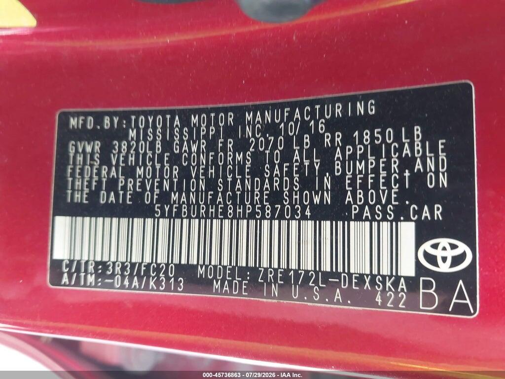 5YFBURHE8HP587034 2017 TOYOTA COROLLA photo no. 9
