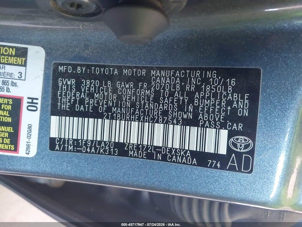 2T1BURHEXHC787543 2017 TOYOTA COROLLA photo no. 9