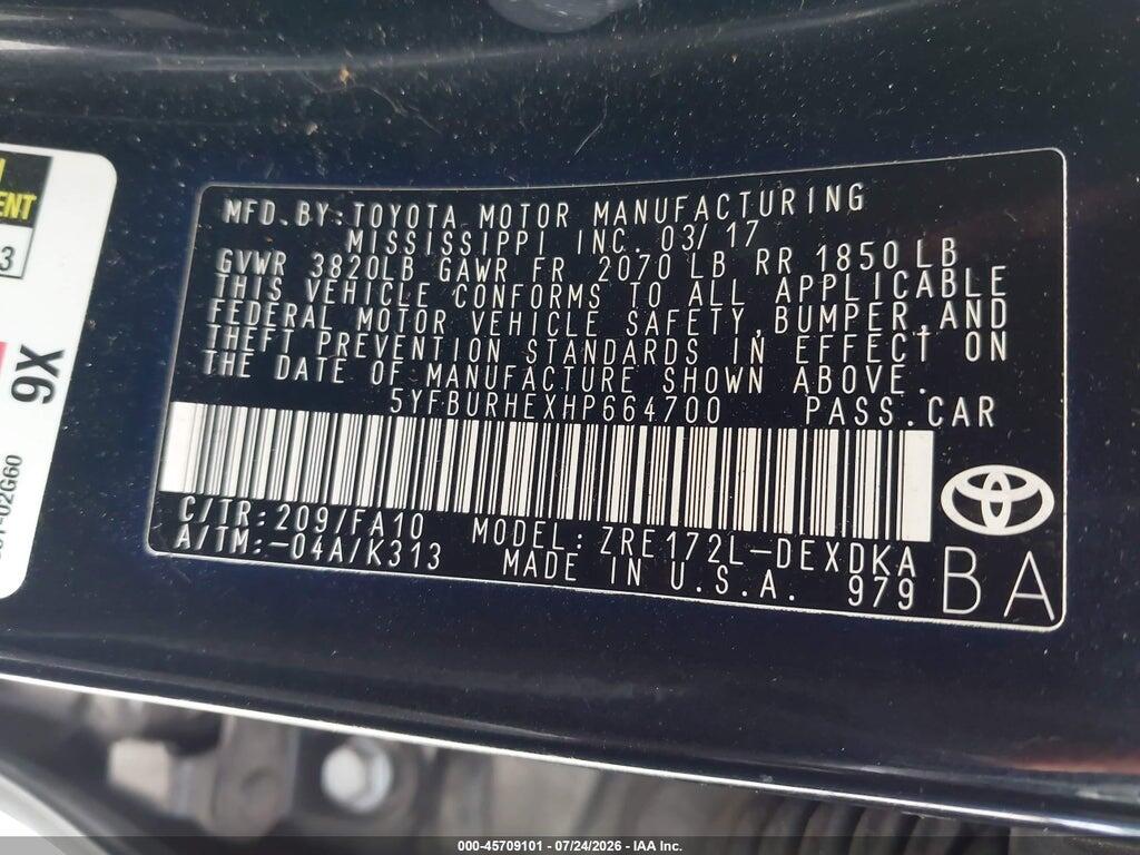 5YFBURHEXHP664700 2017 TOYOTA COROLLA photo no. 9