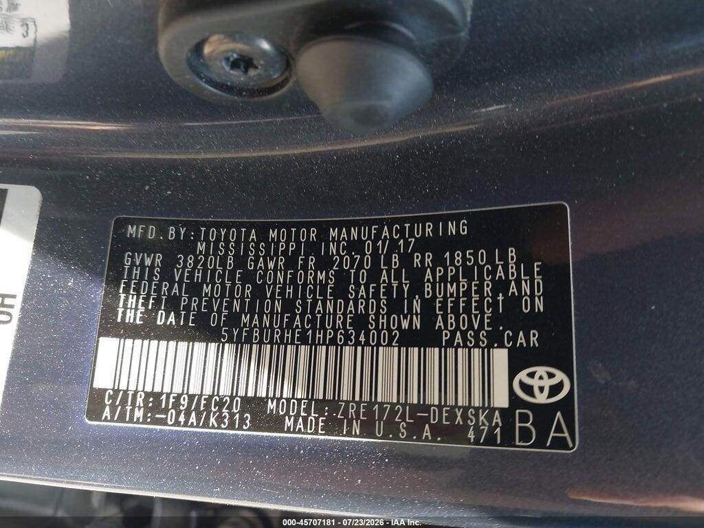 5YFBURHE1HP634002 2017 TOYOTA COROLLA photo no. 9