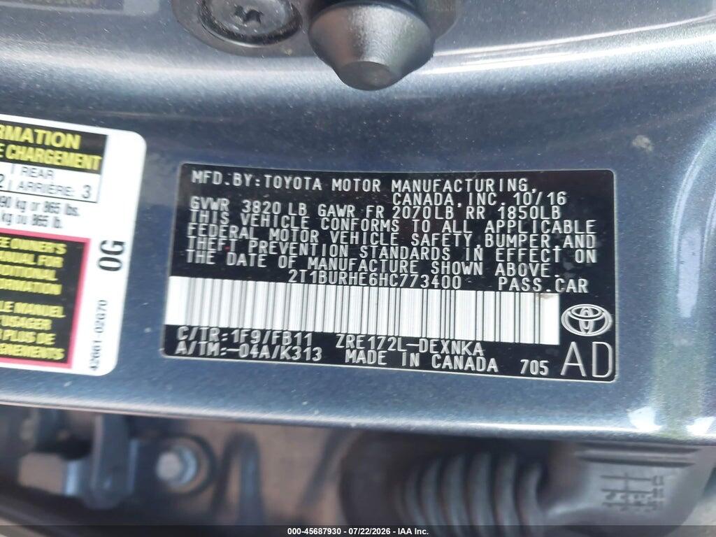 2T1BURHE6HC773400 2017 TOYOTA COROLLA photo no. 9