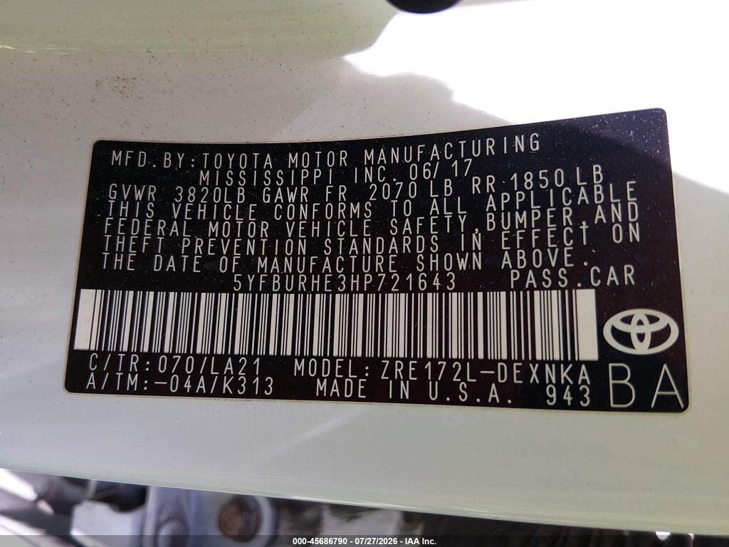 5YFBURHE3HP721643 2017 TOYOTA COROLLA photo no. 9