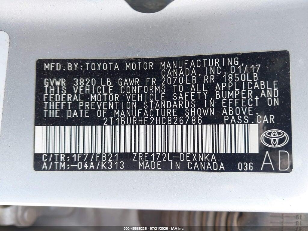 2T1BURHE2HC826786 2017 TOYOTA COROLLA photo no. 9