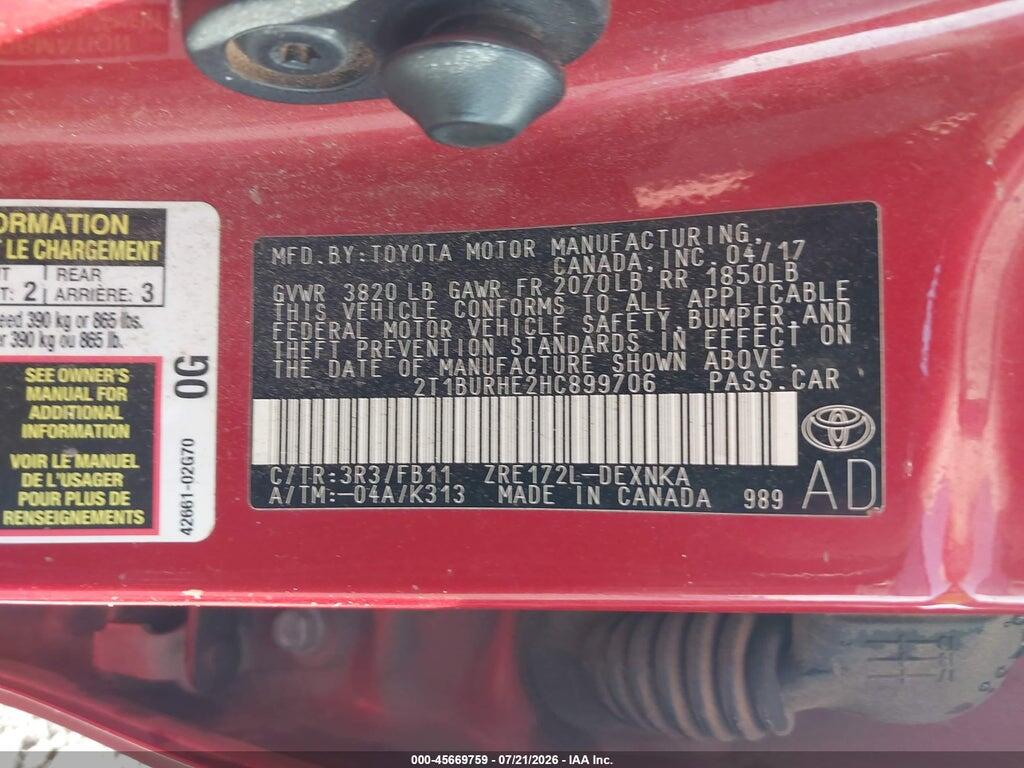 2T1BURHE2HC899706 2017 TOYOTA COROLLA photo no. 9