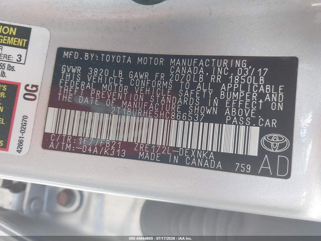 2T1BURHE5HC866537 2017 TOYOTA COROLLA photo no. 9
