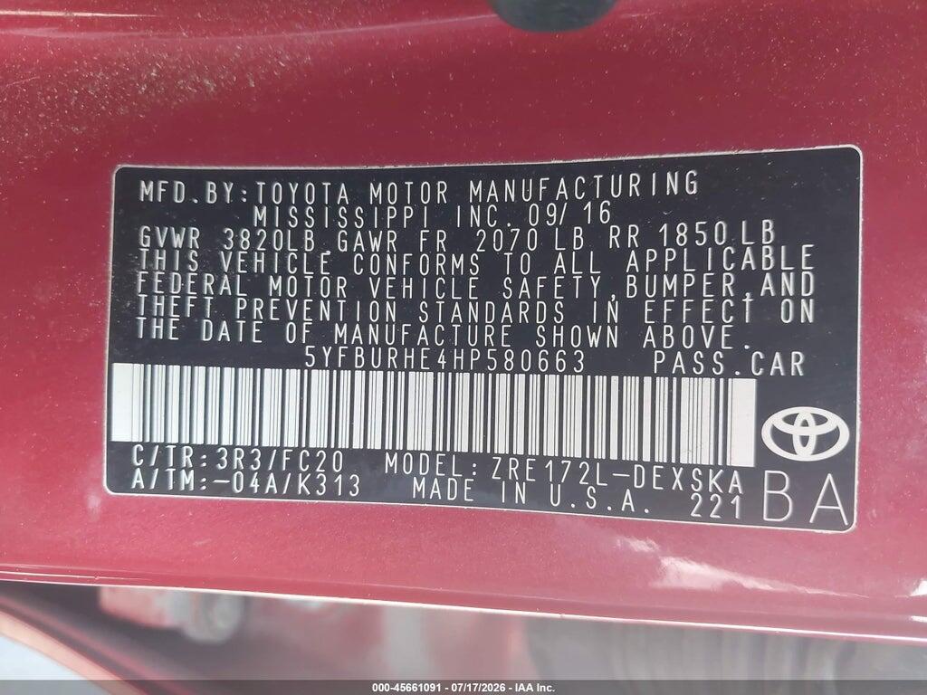 5YFBURHE4HP580663 2017 TOYOTA COROLLA photo no. 9