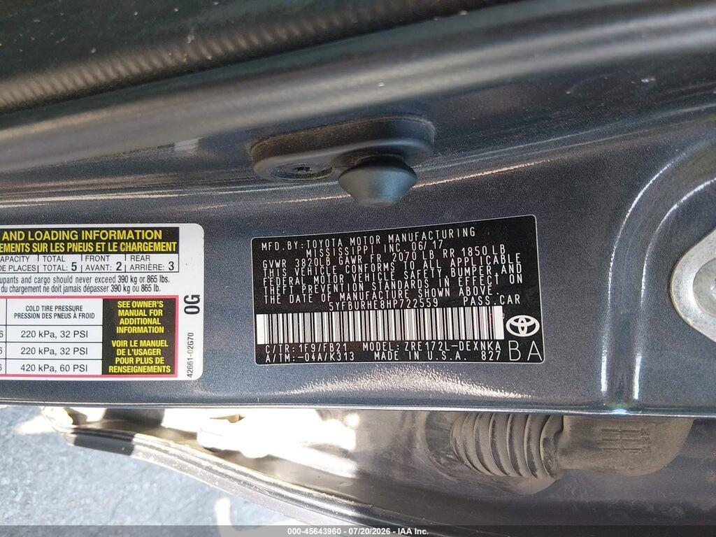 5YFBURHE8HP722559 2017 TOYOTA COROLLA photo no. 9