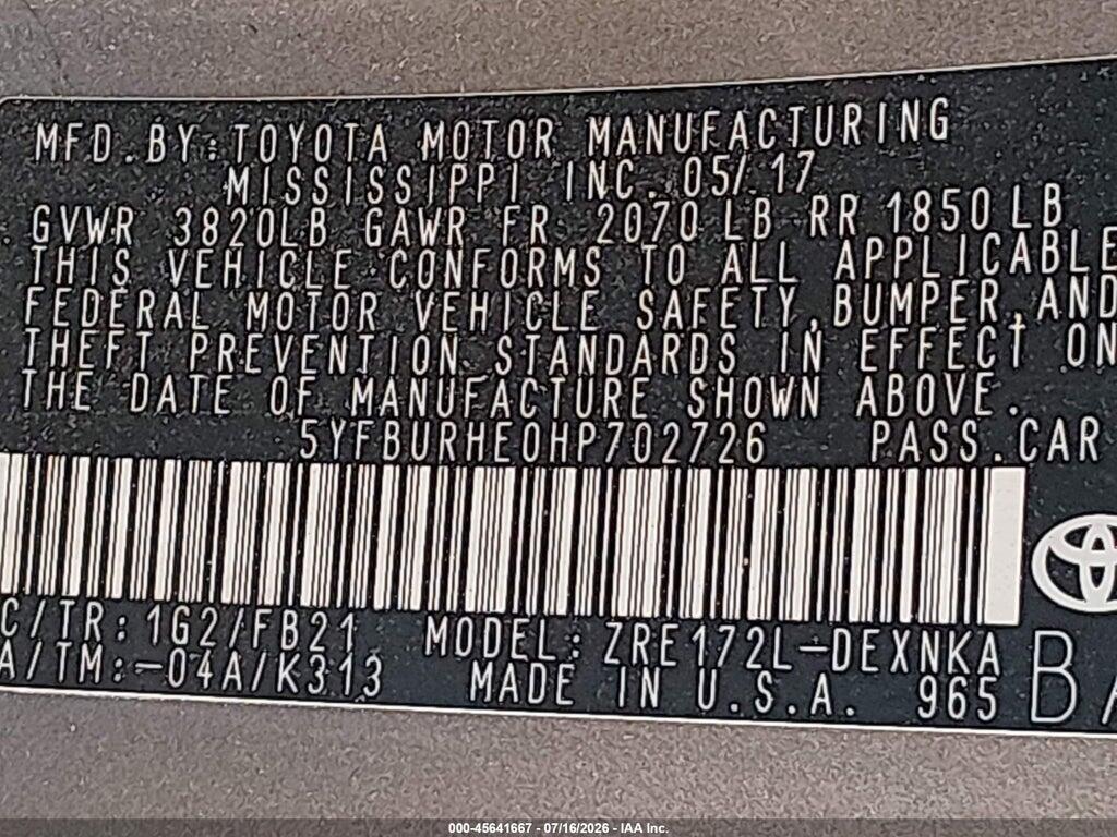 5YFBURHE0HP702726 2017 TOYOTA COROLLA photo no. 9
