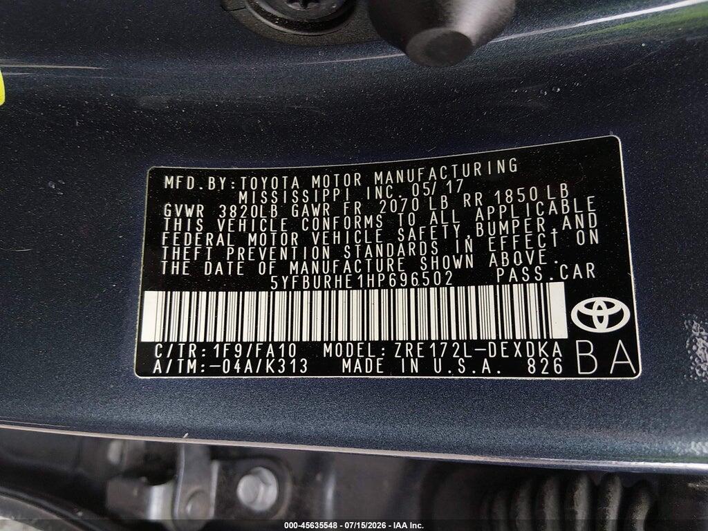 5YFBURHE1HP696502 2017 TOYOTA COROLLA photo no. 9