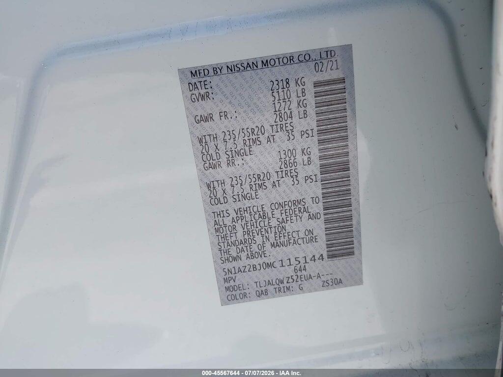 5N1AZ2BJ0MC115144 2021 NISSAN MURANO photo no. 9
