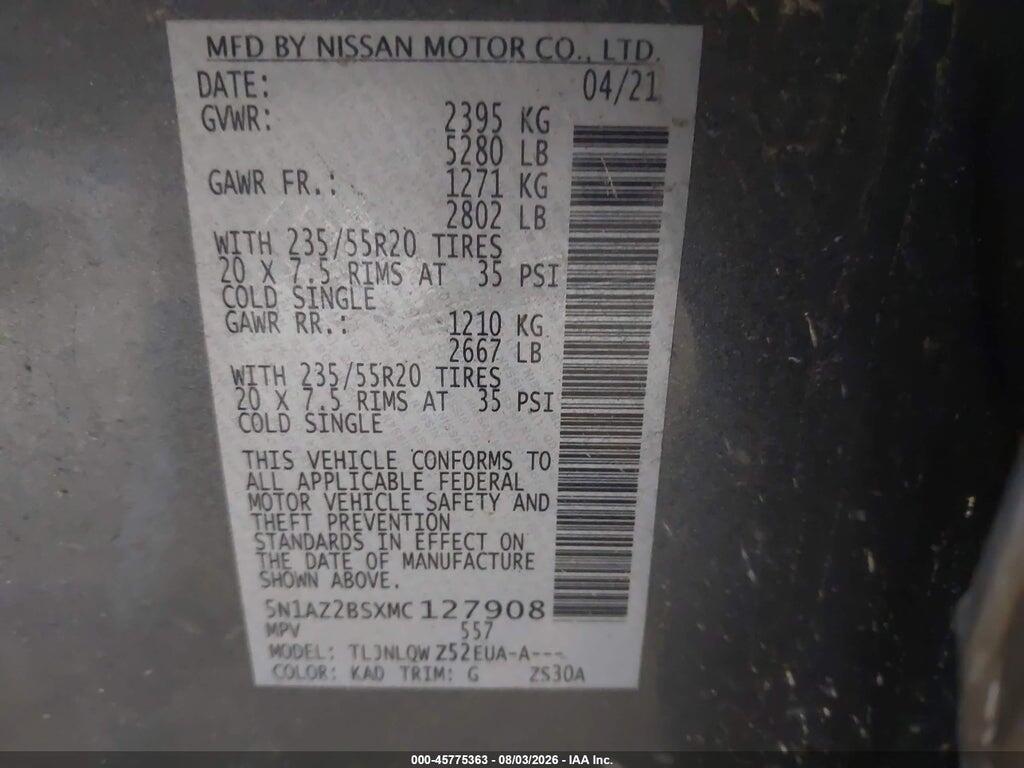 5N1AZ2BSXMC127908 2021 NISSAN MURANO photo no. 9