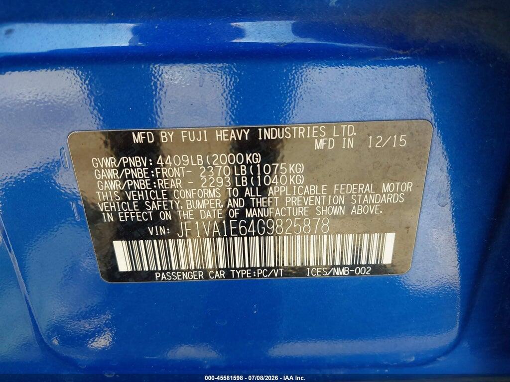 JF1VA1E64G9825878 2016 SUBARU WRX photo no. 9
