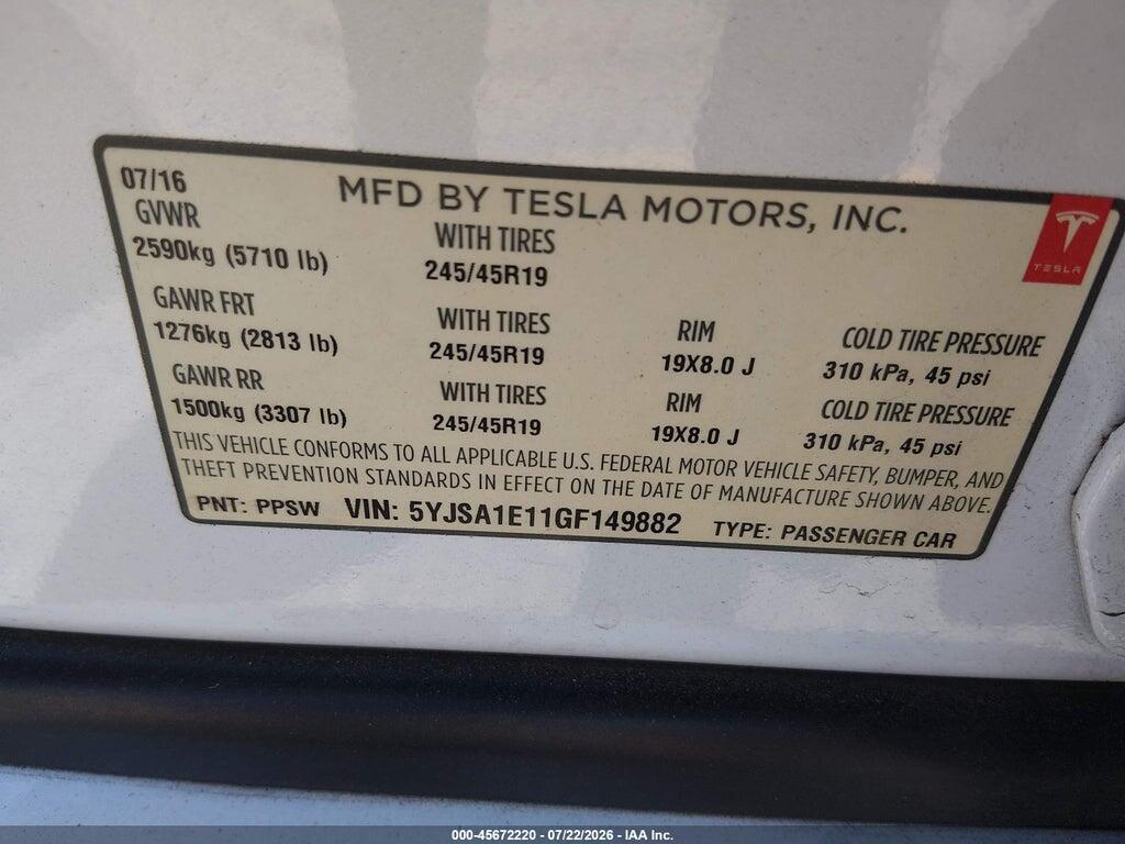 5YJSA1E11GF149882 2016 TESLA MODEL S photo no. 9