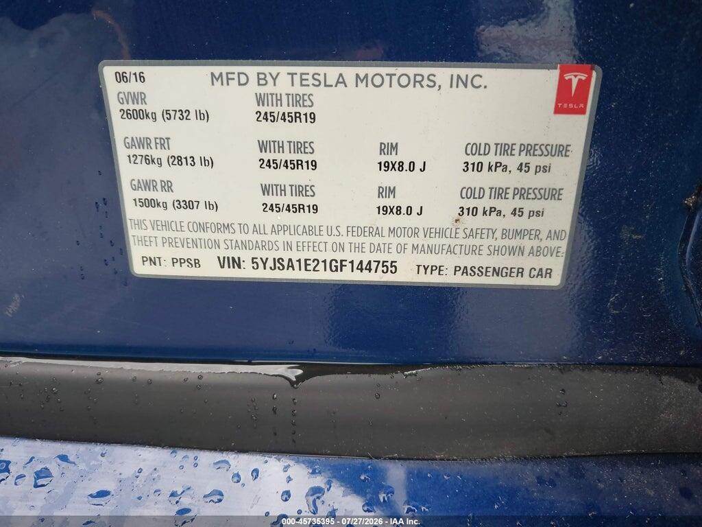 5YJSA1E21GF144755 2016 TESLA MODEL S photo no. 9