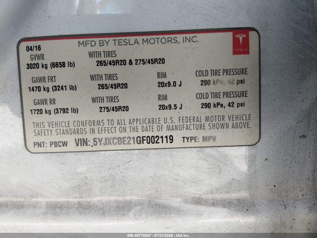 5YJXCBE21GF002119 2016 TESLA MODEL X photo no. 9