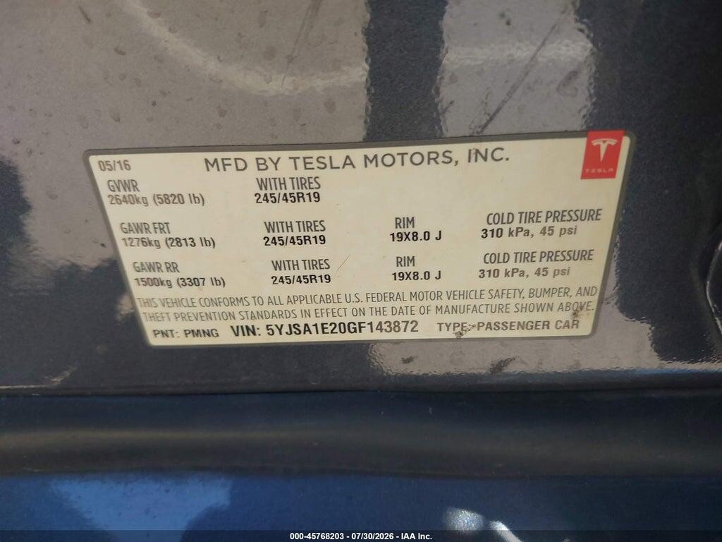 5YJSA1E20GF143872 2016 TESLA MODEL S photo no. 9