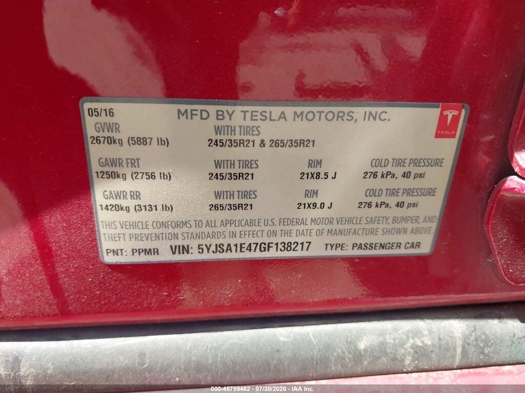 5YJSA1E47GF138217 2016 TESLA MODEL S photo no. 9