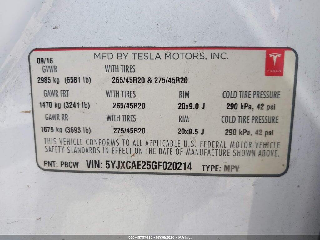 5YJXCAE25GF020214 2016 TESLA MODEL X photo no. 9