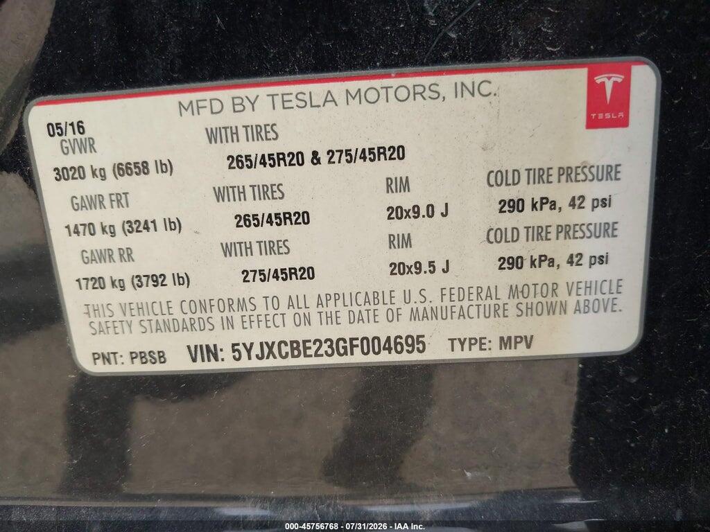 5YJXCBE23GF004695 2016 TESLA MODEL X photo no. 9