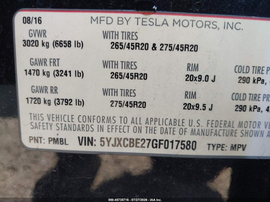 5YJXCBE27GF017580 2016 TESLA MODEL X photo no. 9