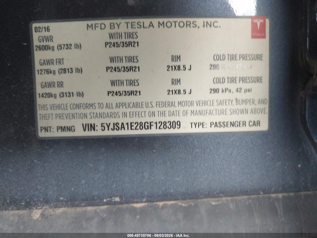 5YJSA1E28GF128309 2016 TESLA MODEL S photo no. 9