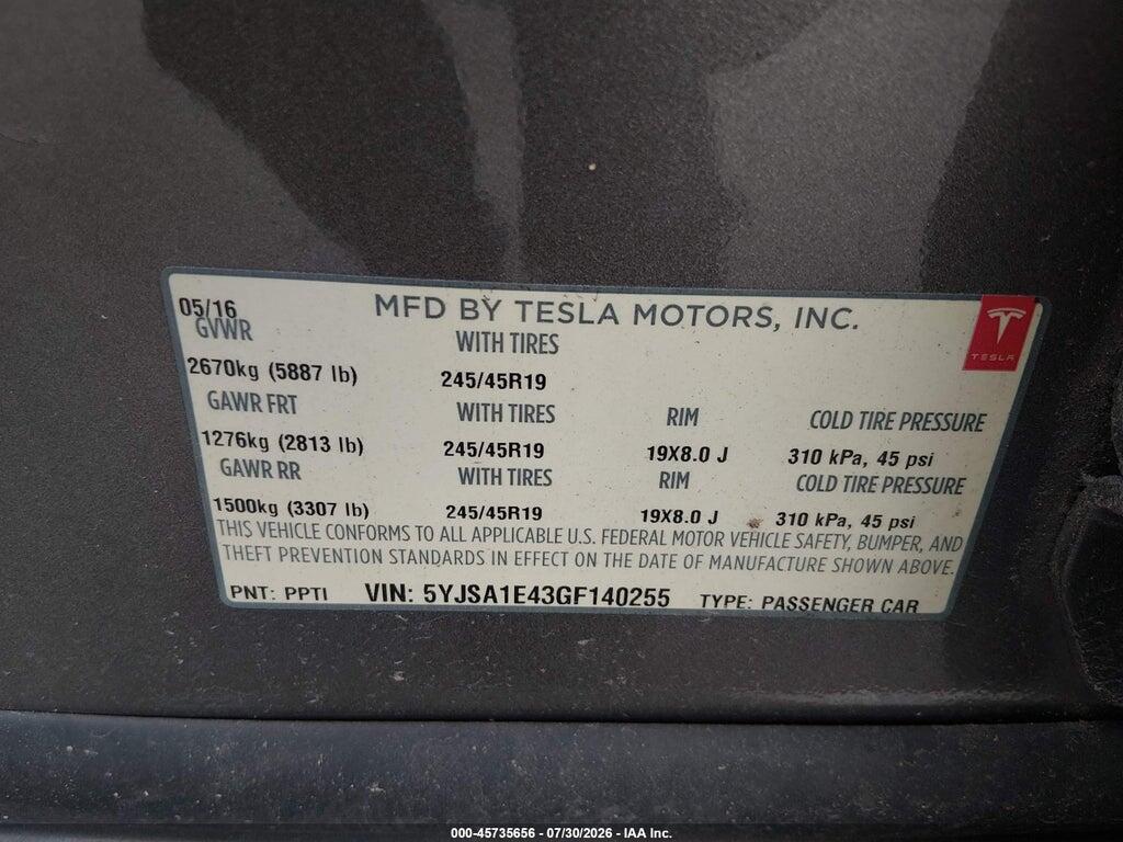 5YJSA1E43GF140255 2016 TESLA MODEL S photo no. 9