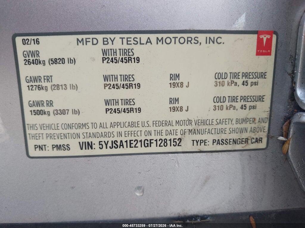 5YJSA1E21GF128152 2016 TESLA MODEL S photo no. 9