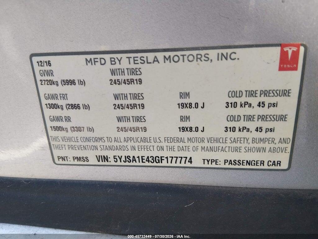 5YJSA1E43GF177774 2016 TESLA MODEL S photo no. 9