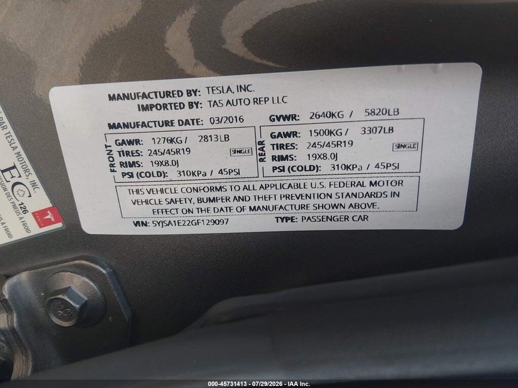 5YJSA1E22GF129097 2016 TESLA MODEL S photo no. 9