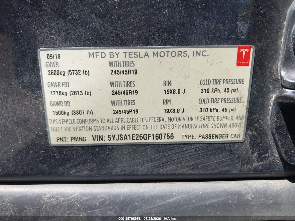 5YJSA1E26GF160756 2016 TESLA MODEL S photo no. 9