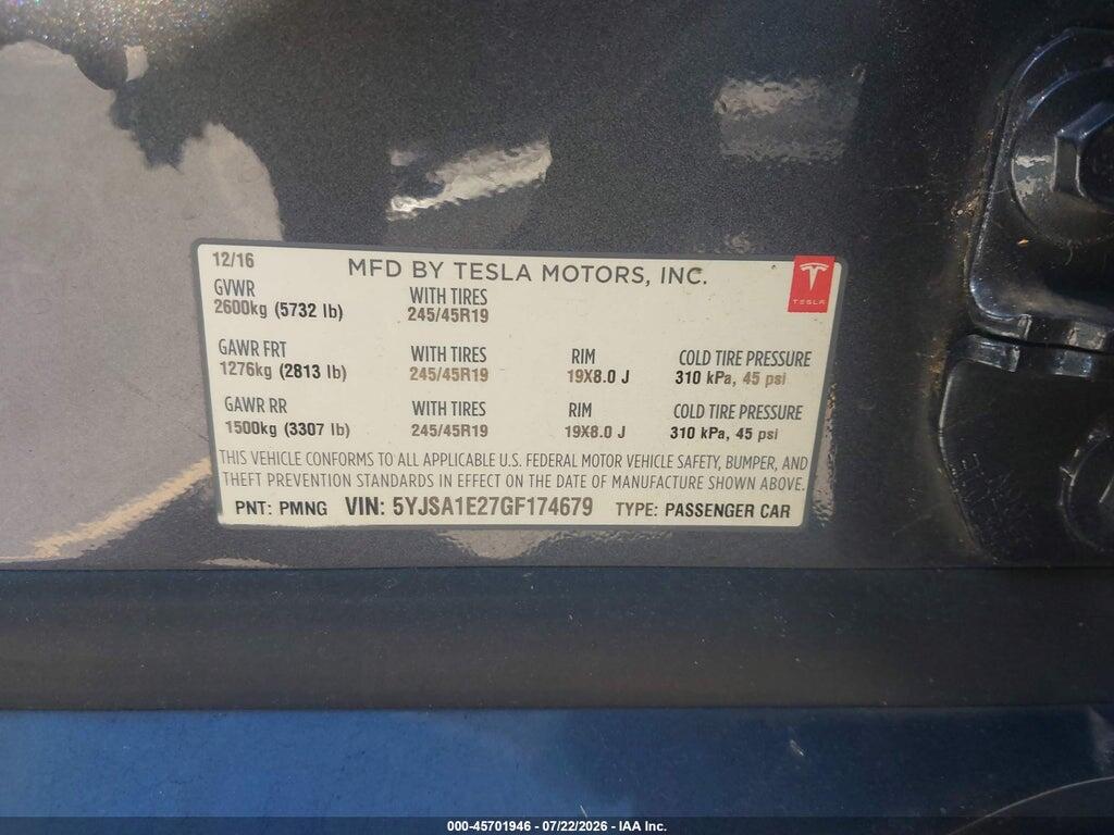 5YJSA1E27GF174679 2016 TESLA MODEL S photo no. 9