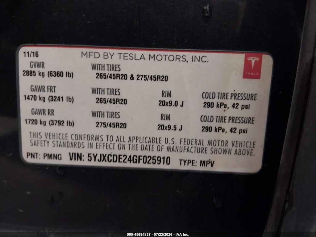 5YJXCDE24GF025910 2016 TESLA MODEL X photo no. 9