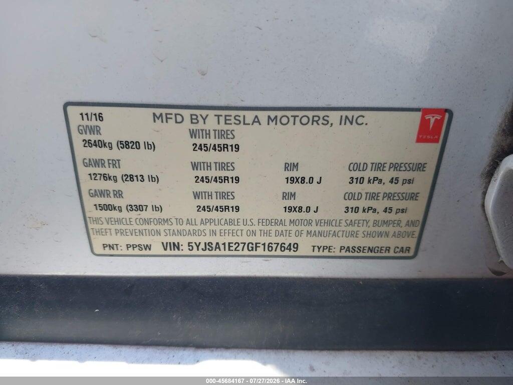 5YJSA1E27GF167649 2016 TESLA MODEL S photo no. 9