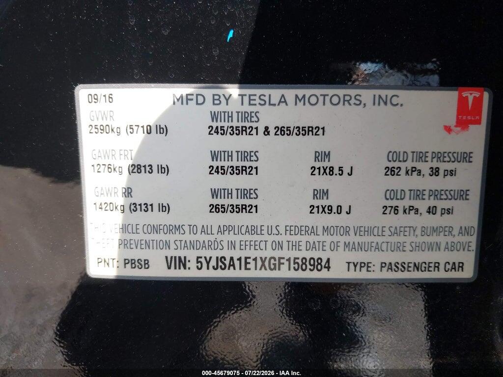 5YJSA1E1XGF158984 2016 TESLA MODEL S photo no. 9
