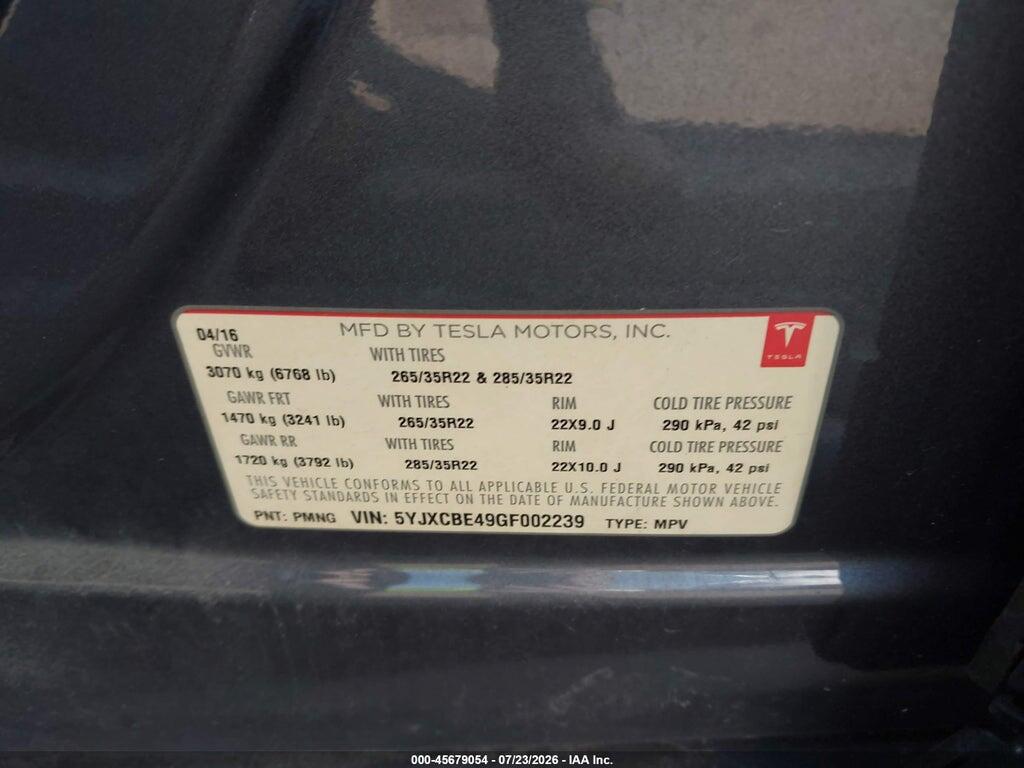 5YJXCBE49GF002239 2016 TESLA MODEL X photo no. 9