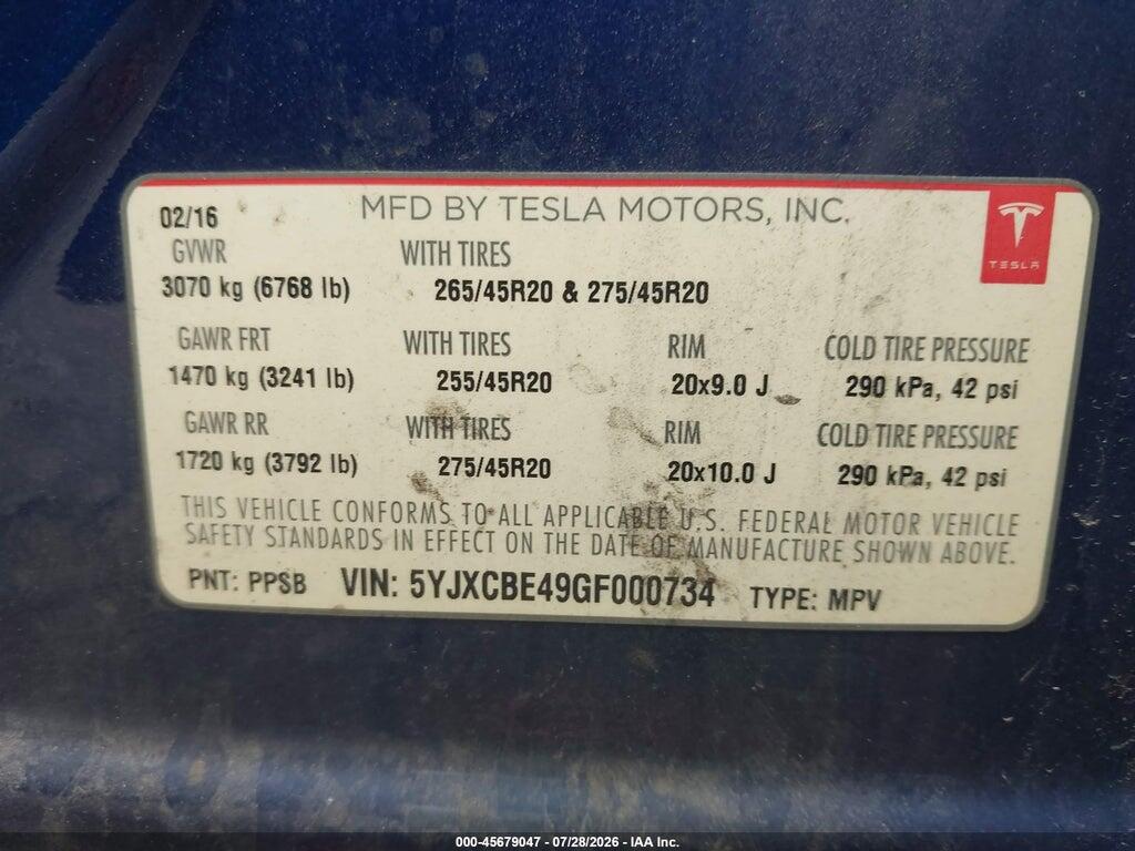 5YJXCBE49GF000734 2016 TESLA MODEL X photo no. 9
