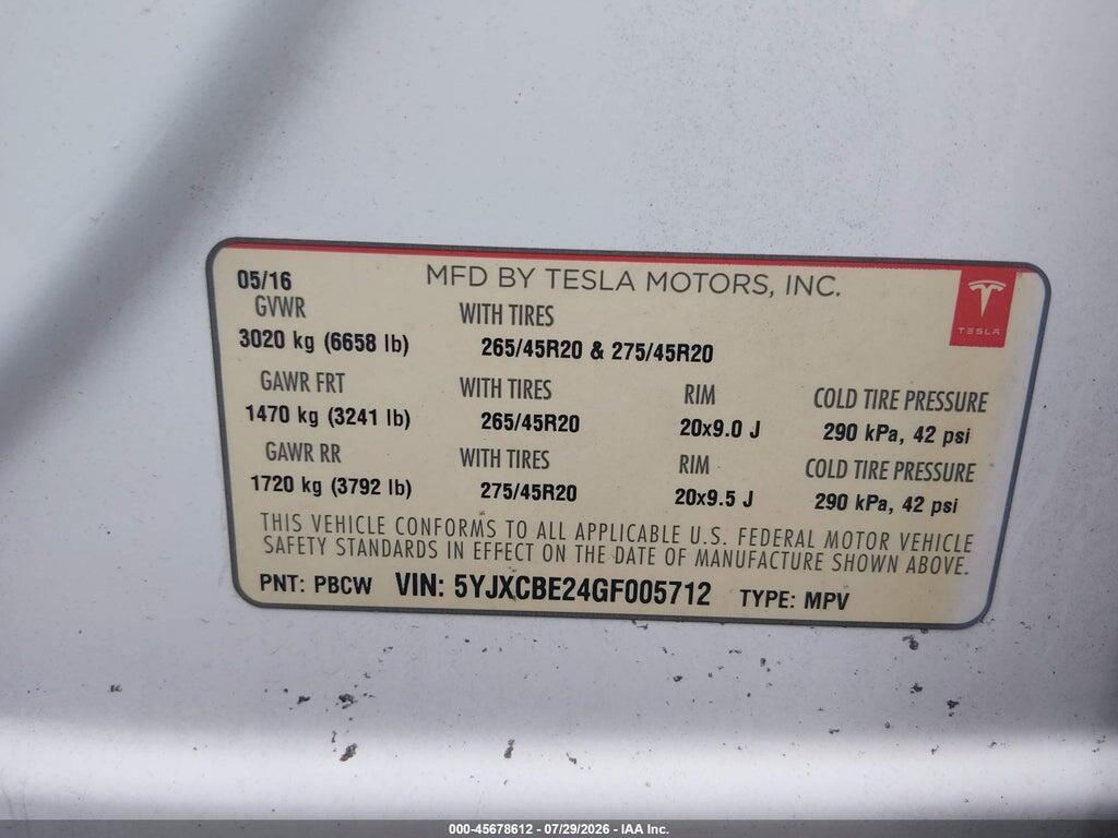 5YJXCBE24GF005712 2016 TESLA MODEL X photo no. 9