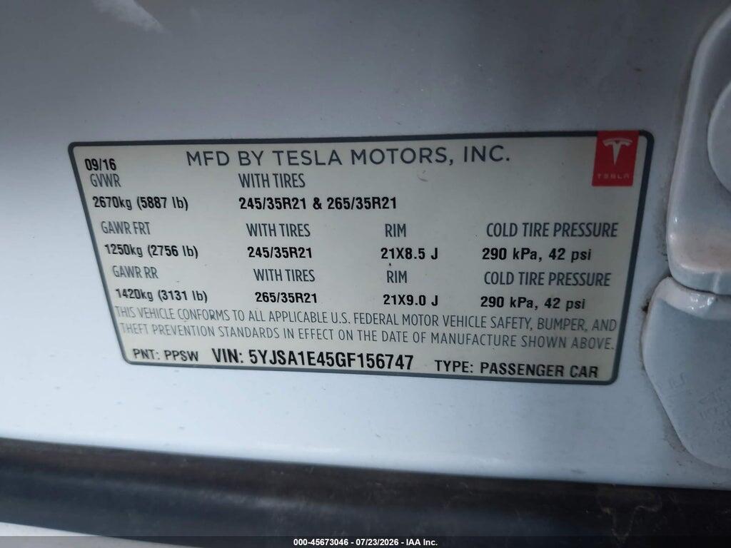 5YJSA1E45GF156747 2016 TESLA MODEL S photo no. 9