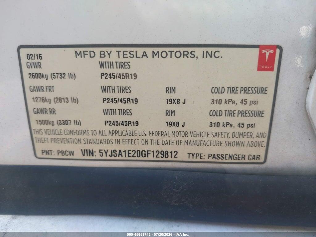 5YJSA1E20GF129812 2016 TESLA MODEL S photo no. 9