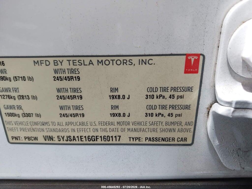 5YJSA1E16GF160117 2016 TESLA MODEL S photo no. 9